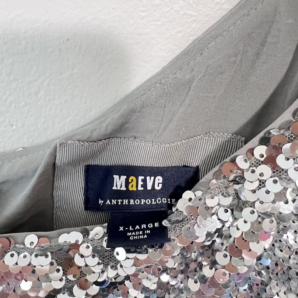 Anthropologie Maeve One-Shoulder Silver Sequin Maxi Dress XL Glam Party Cocktail - Picture 4 of 11